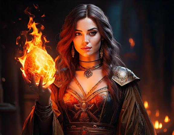 Ki generiertes Bild von Guinivera mit flammendem Ei in der hand