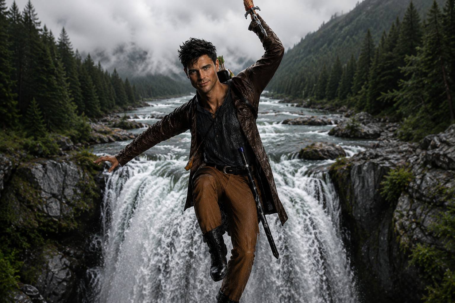 Ki generiertes Bild von dem Nebencharakter Anrys, der von einer Klippe springt.