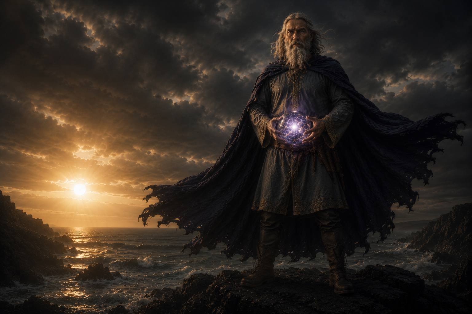 Ki generiertes Bild von einem alten Magier, der einen Energieball aus Licht in den Händen formt